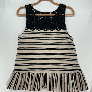 Free People Black and Cream Striped Tank with Crochet Yoke